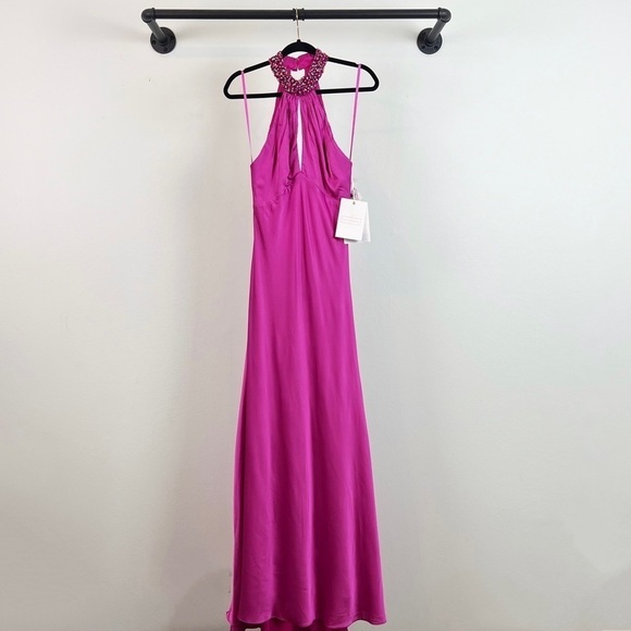 NWT Mac Duggal Embellished Satin Halter Sheath Maxi Gown in Pink - Picture 5 of 9